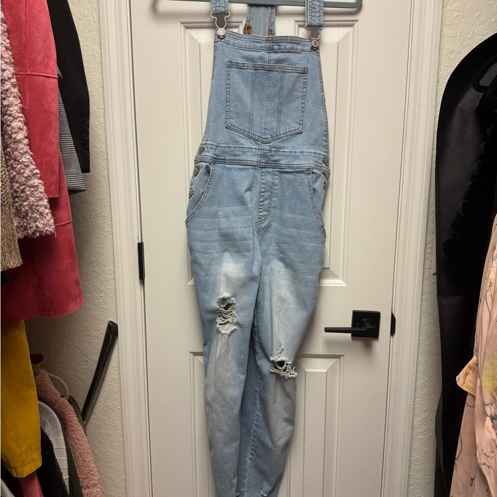 Women's Distressed Light Blue Denim Overalls